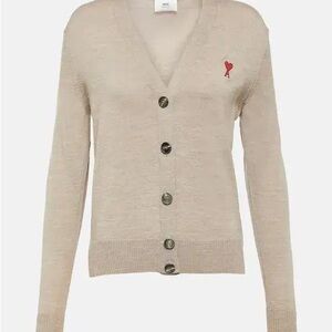 Ami Beige V-Neck Button Cardigan with Red Heart Patch